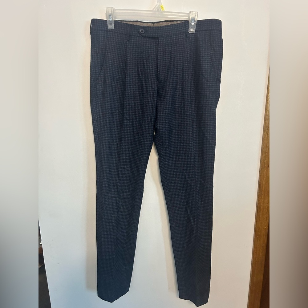 Berwich Wool Checkered Trousers Blue-Grey. Made in Italy.